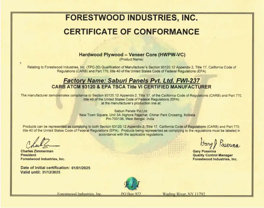 Certificate of Conformance (CARB) — Forest Wood Industries, Inc.