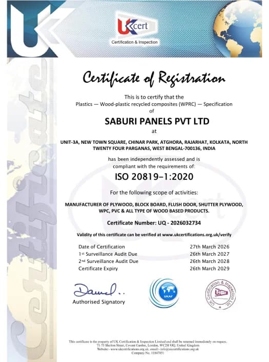ISO 20819-1:2020 — Certificate of Registration — Wood-Plastic Recycled Composites (WPRC)